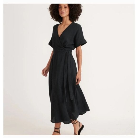 Marine Layer Valencia Black Gauze Wrap Dress Size Medium Midi Flowy Bohemian - Picture 1 of 13